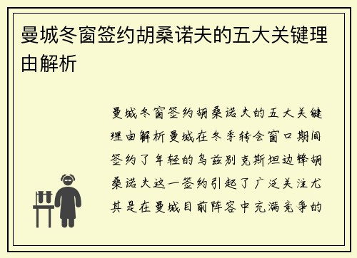 曼城冬窗签约胡桑诺夫的五大关键理由解析